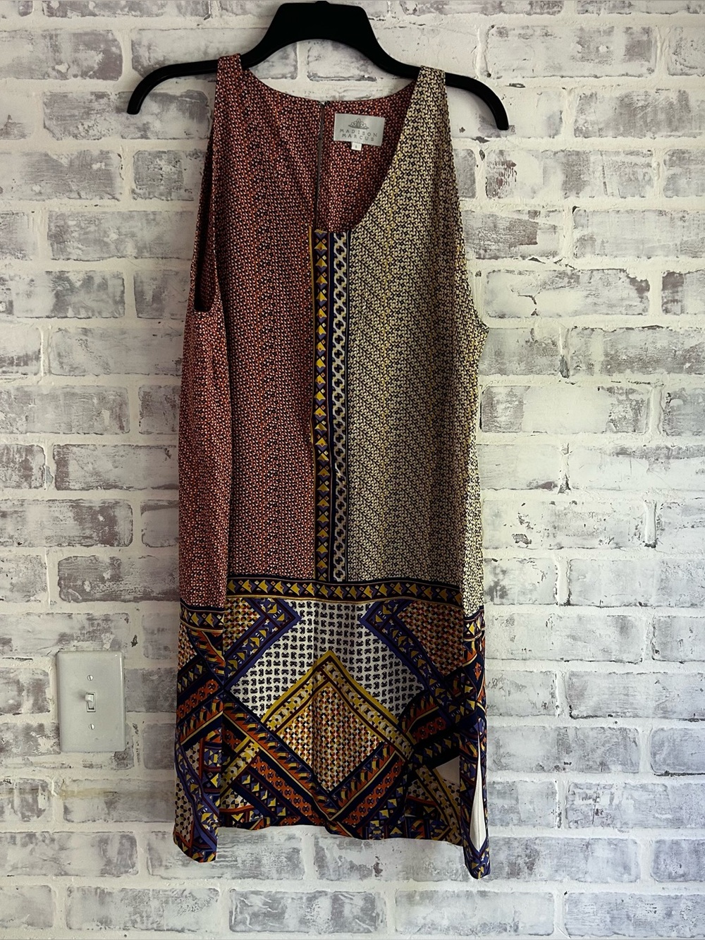 100% Silk Sleeveless Tank Shift Dress Womens L Patchwork Earthtone Boho Festival